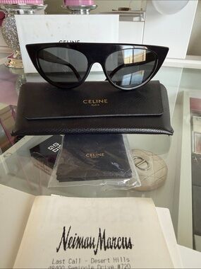 Celine Black Cat-Eye Sunglasses with Brown Textured Case